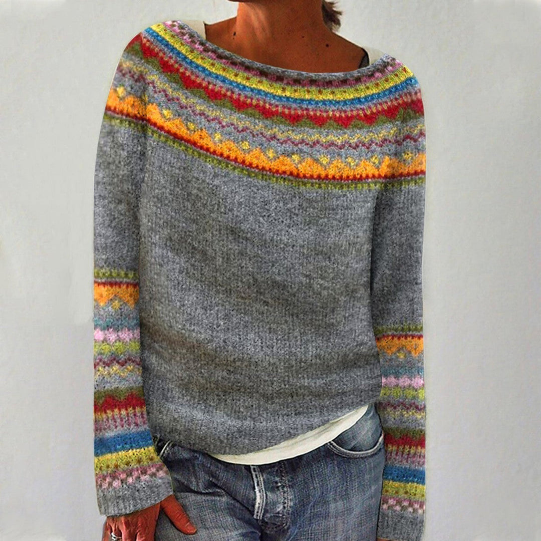 Pull col bateau en maille jacquard à motif islandais – Confort & Authentique