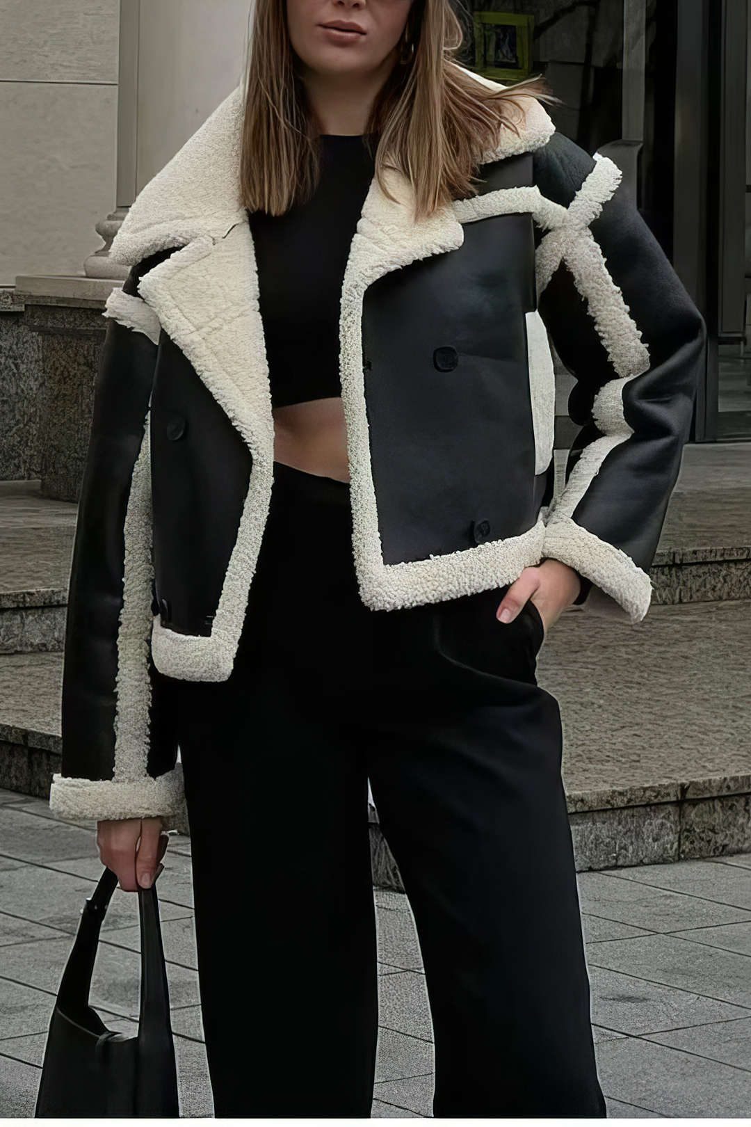 Anaïs - Giacca con colletto in similpelle a maniche lunghe, elegante e moderna