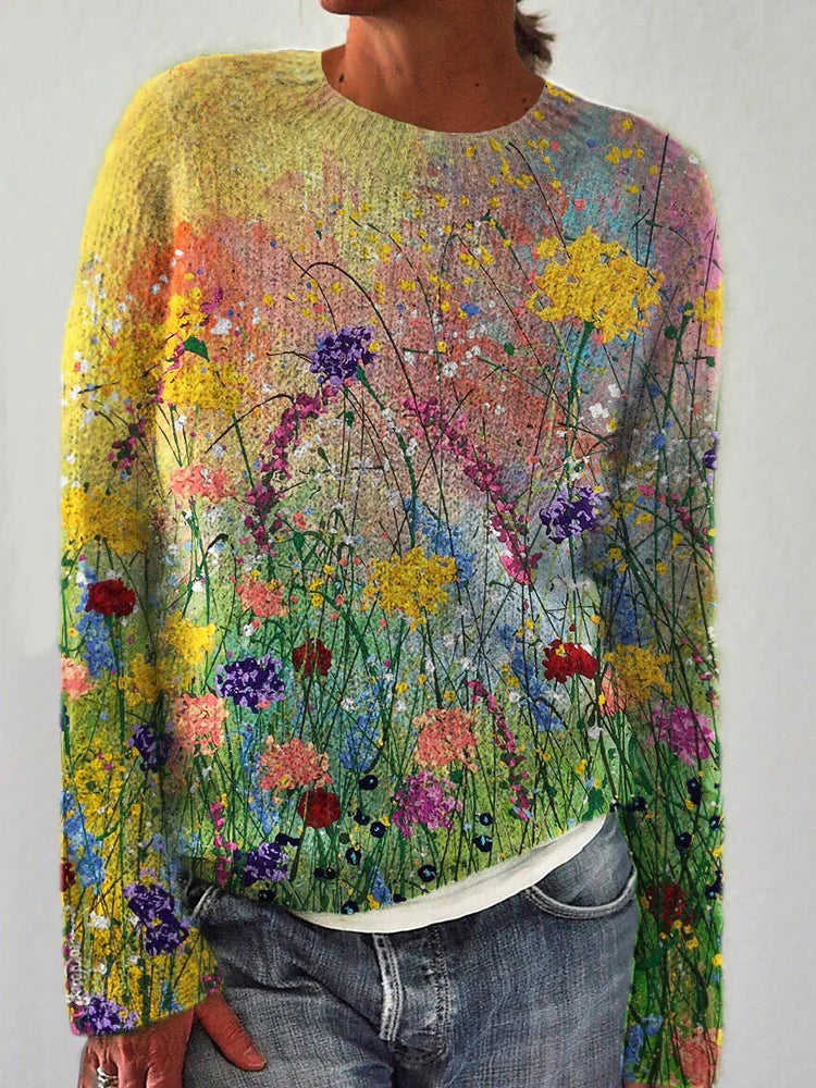 Pull imprimé fleurs sauvages – Look bucolique & confort cosy