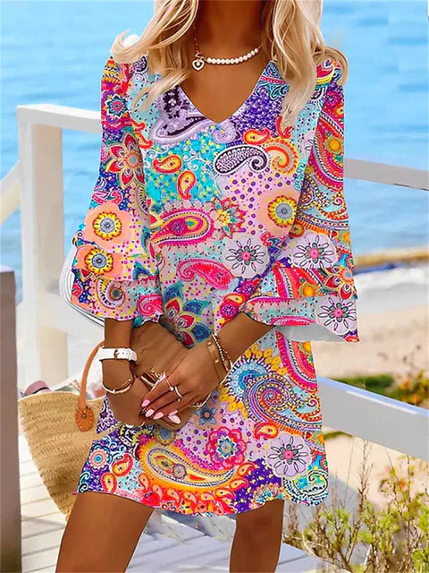 Robe Courte d'Été Femme – Imprimé Bohème Psychédélique – Manches Amples & Encolure en V