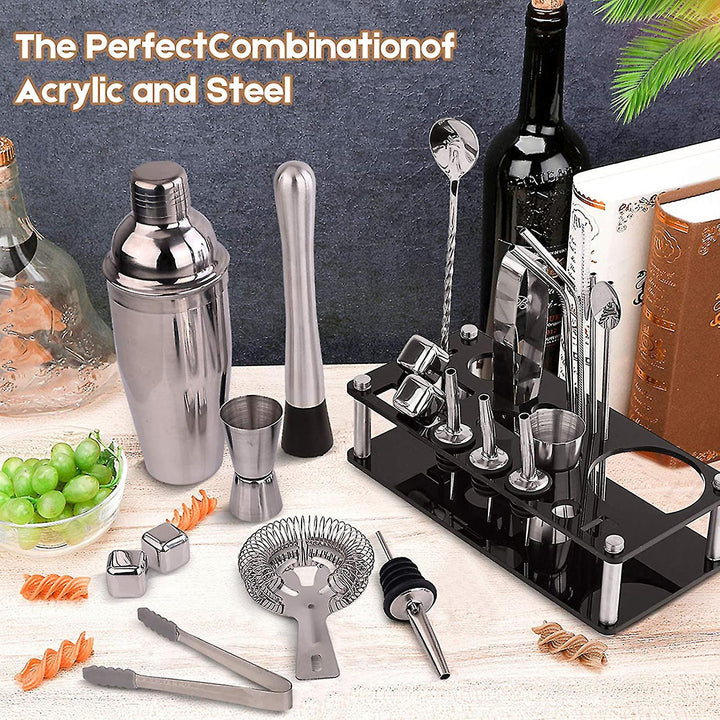Kit de barman 23 pièces, shaker à cocktail Martini professionnel polyvalent en acier inoxydable avec support et accessoires de bar