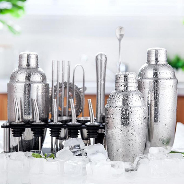 Kit de barman 23 pièces, shaker à cocktail Martini professionnel polyvalent en acier inoxydable avec support et accessoires de bar