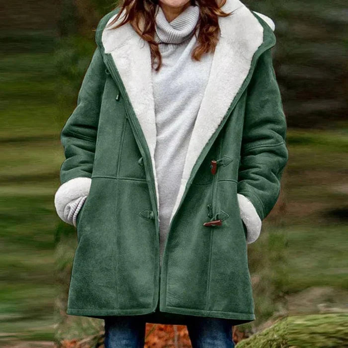 Bernadette – Women's coat with hood and buttons in elegant horn style