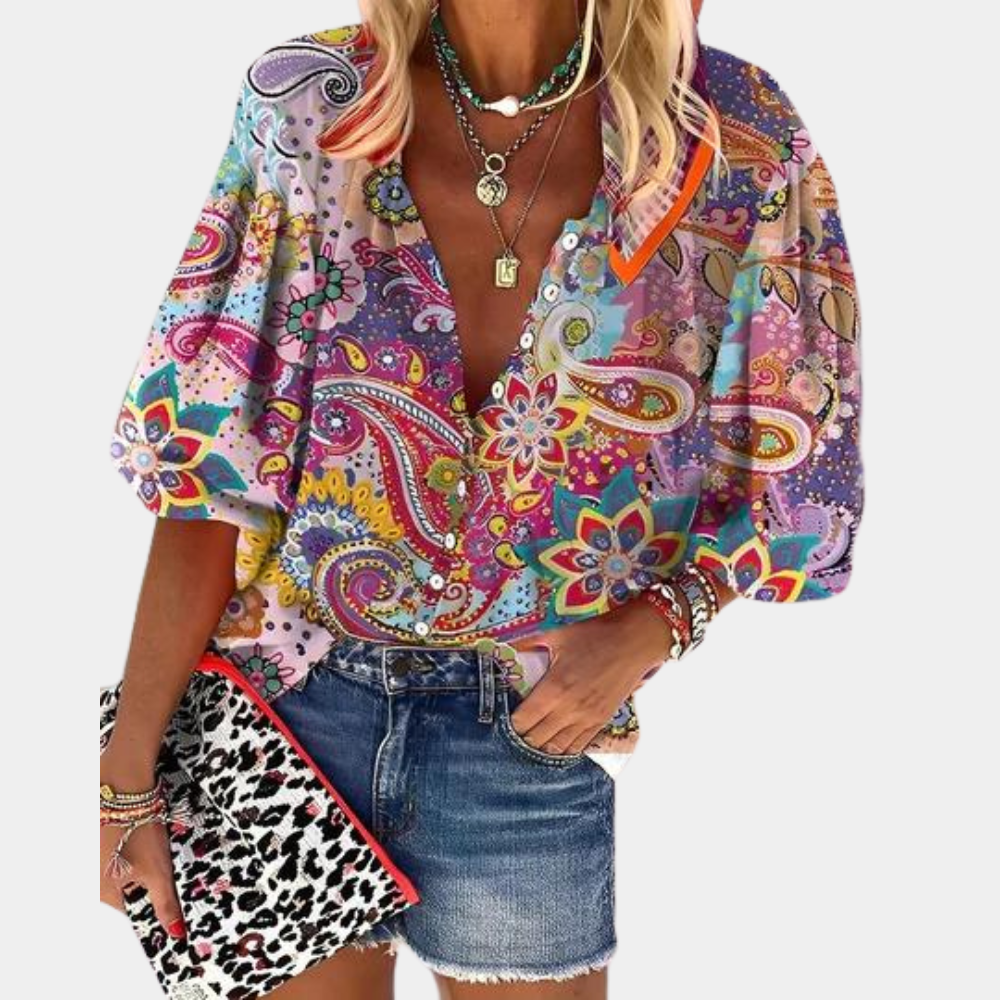 Chemisier Femme Bohème Chic à Imprimé Cachemire Multicolore – Manches Bouffantes & Col V Décontracté