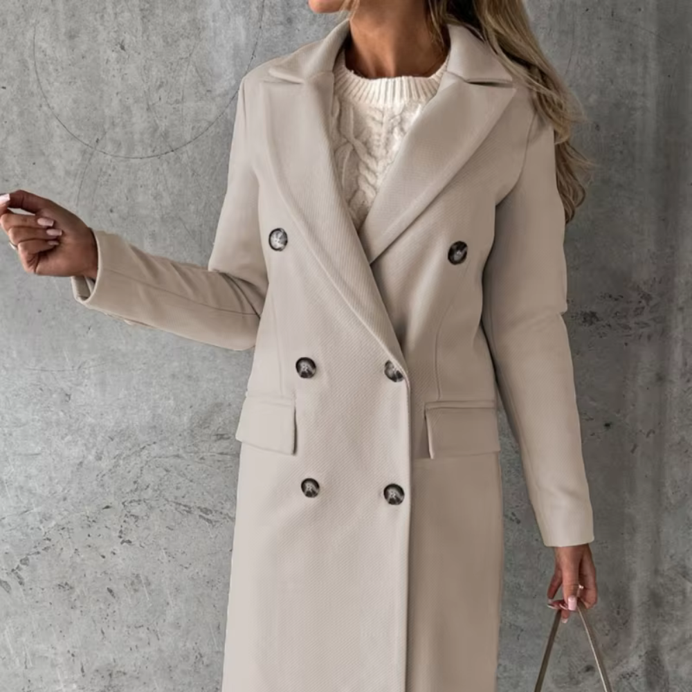 Emma – Długi ciepły płaszcz damski z klapowym kołnierzem, nowoczesny design do codziennego użytku