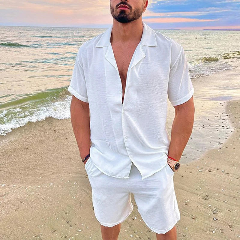 Completo Uomo in Lino Bianco con Camicetta e Pantaloncini - Saylor