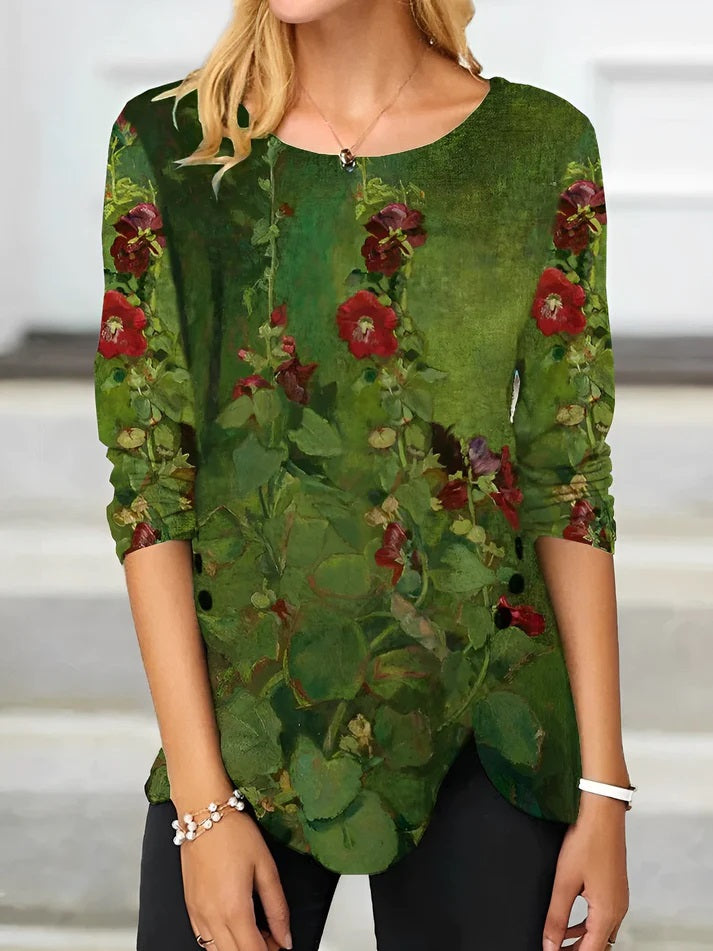 Blouse florale femme manches longues – Imprimé artistique verdoyant, col rond, coupe fluide