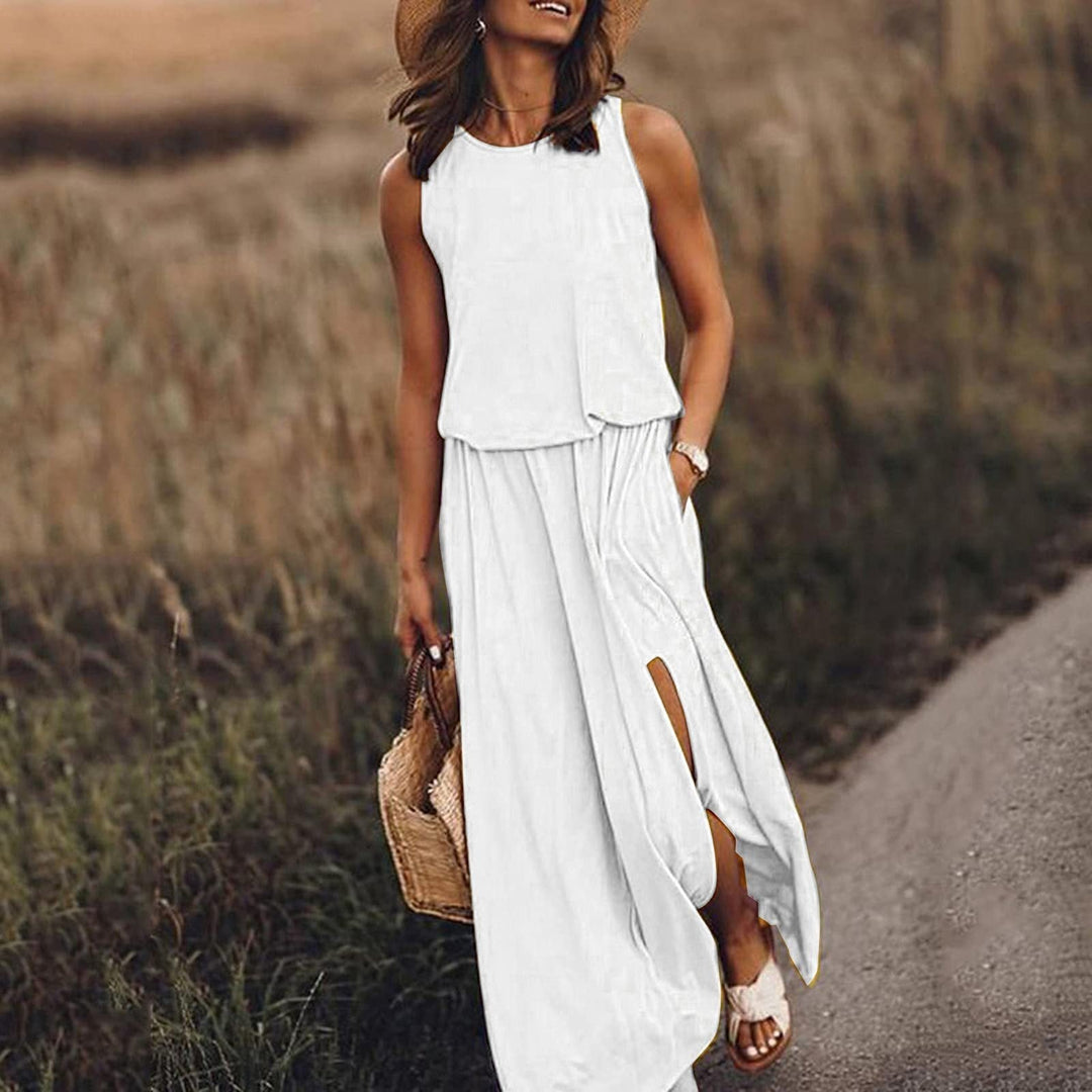Robe Longue d’Été Femme Sans Manches – Style Décontracté Chic avec Fente et Poches