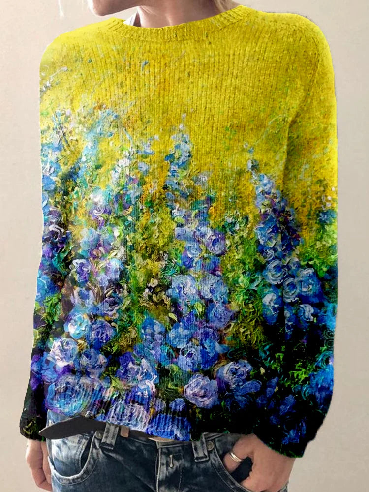 Bequemer Pullover mit Rundhalsausschnitt und abstraktem Blumenmuster