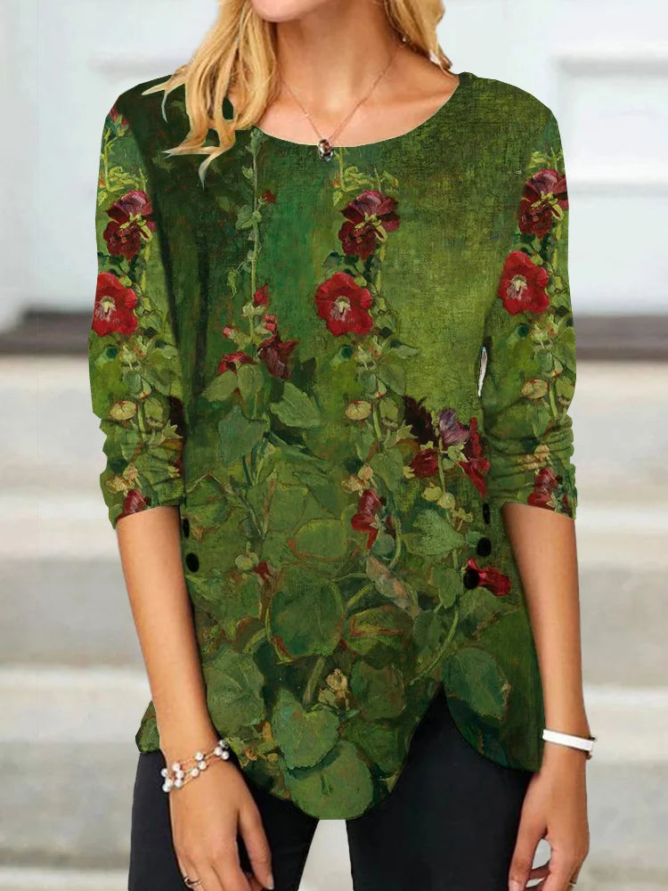 Adeline - T-Shirt mit Knopfleiste und Schlitz mit künstlerischer Rose