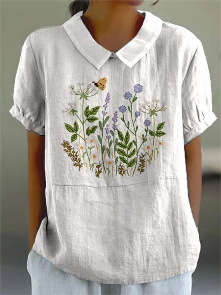 Chemise décontractée pour femmes, imprimée d'un motif floral en forme de buisson, style broderie