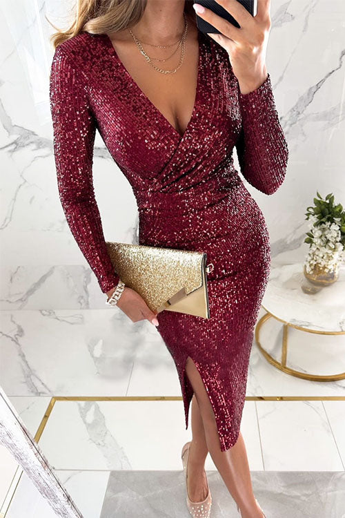 Léonie – Robe glamour à sequins avec fente et manches longues