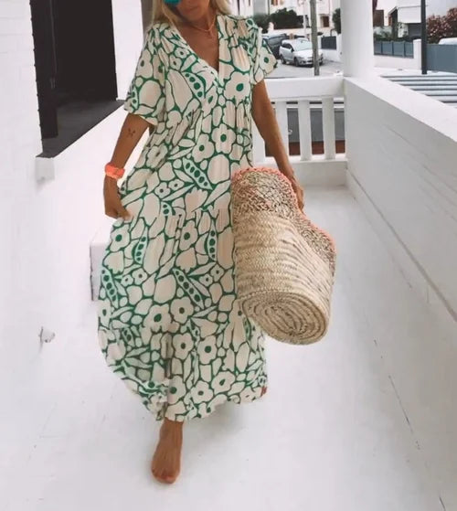 Robe Longue Bohème à Imprimé Floral – Élégance Décontractée pour Été, Vacances et Bord de Mer