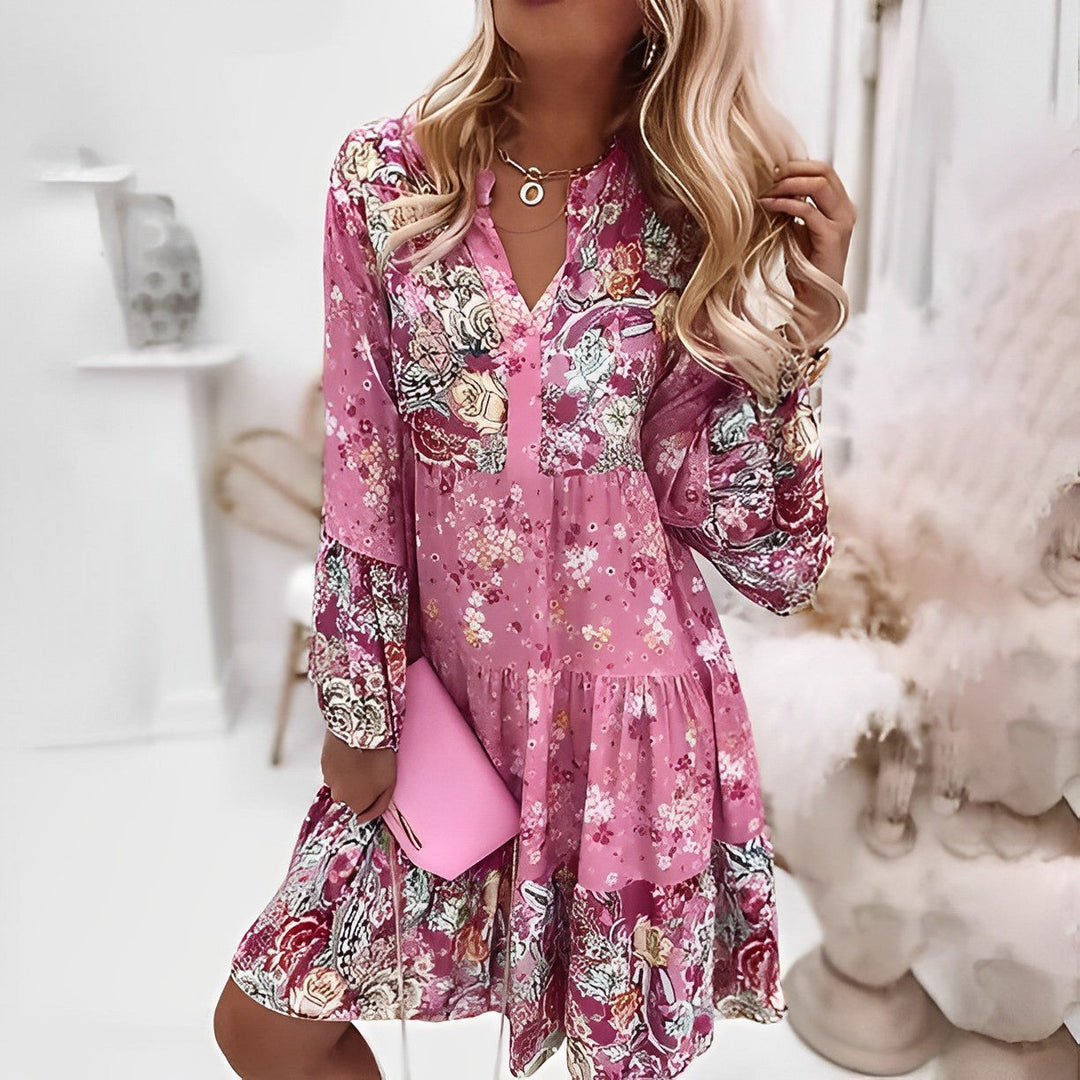 Robe Courte Fleurie Femme – Manches Longues & Encolure en V – Style Romantique Décontracté