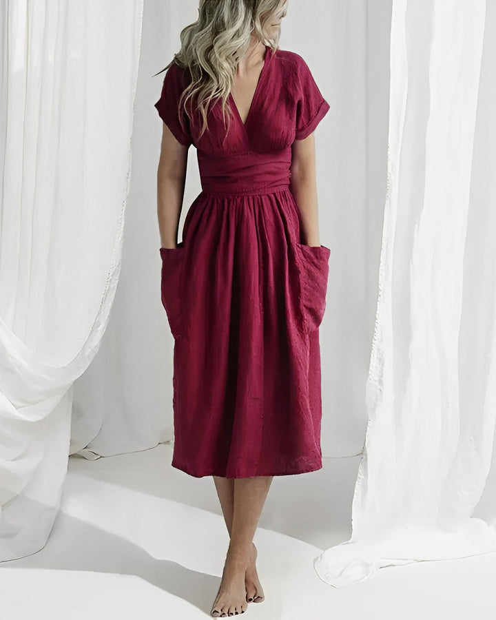 Robe Midi Femme – Style Enveloppant avec Taille Drapée & Grandes Poches – Élégance Minimaliste Décontractée