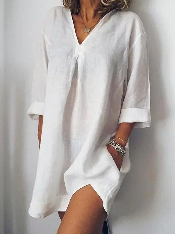 Tunique Courte Femme en Lin – Robe Décontractée à Manches 3/4 et Col V, Style Estival Chic