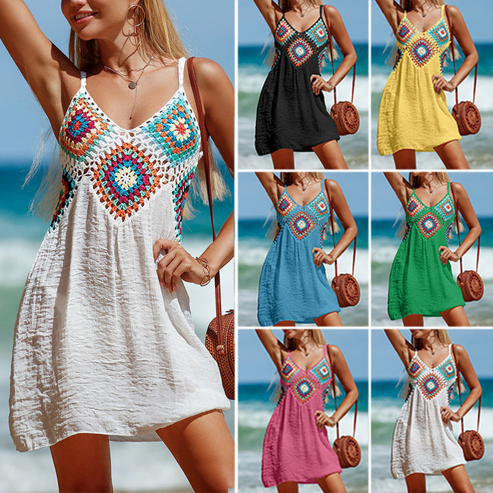 Robe de Plage Bohème Femme – Détail Crochet Coloré et Bretelles Fines