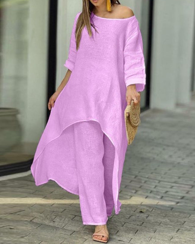 Tenue deux pièces en coton et lin pour femmes, couleur unie, coupe ample, décontractée, pour l'automne