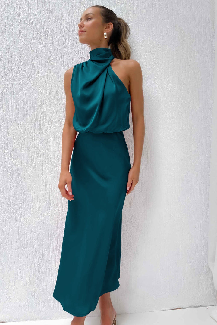 Robe Midi Femme Élégante – Robe Satinée Col Haut Drapé pour Soirée ou Occasion Spéciale