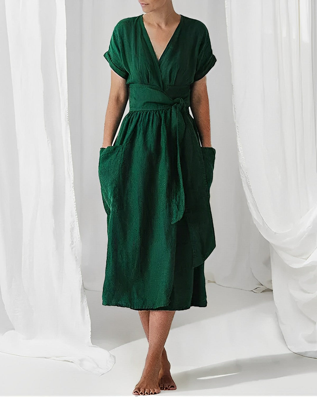 Robe Midi Femme – Style Enveloppant avec Taille Drapée & Grandes Poches – Élégance Minimaliste Décontractée