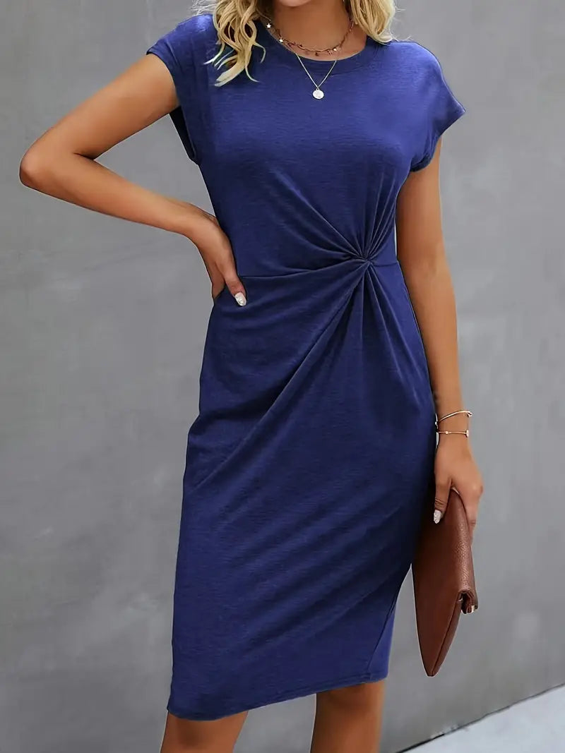 Robe Midi Cintrée Femme – Manches Courtes – Détail Froncé à la Taille – Style Chic et Confortable