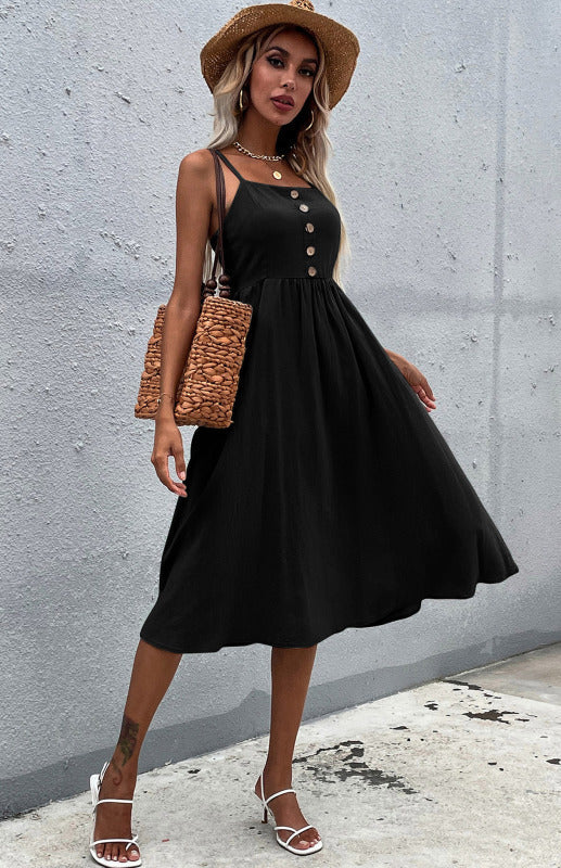 Robe Évasée Femme Été Bretelles Fines – Boutonnée, Style Décontracté Bohème