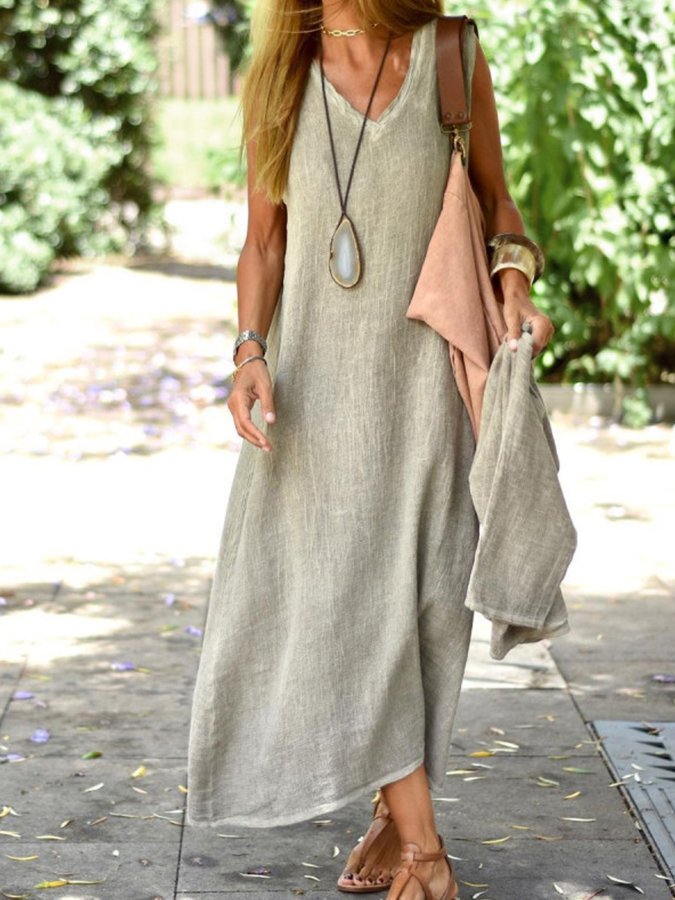 Robe Longue Décontractée Femme – Style Lin Léger Sans Manches Été Bohème Chic