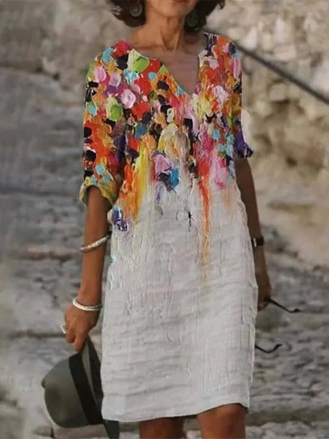 Damenkleid aus Baumwolle und Leinen mit Ausschnitt und Ölmalerei-Print