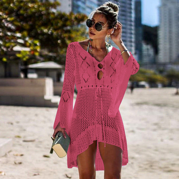 Robe de Plage Femme Crochet – Tunique Transparente avec Manches Longues et Détail à Lacet