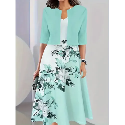 Abito floreale con blazer per donne invitate a un matrimonio | Midi