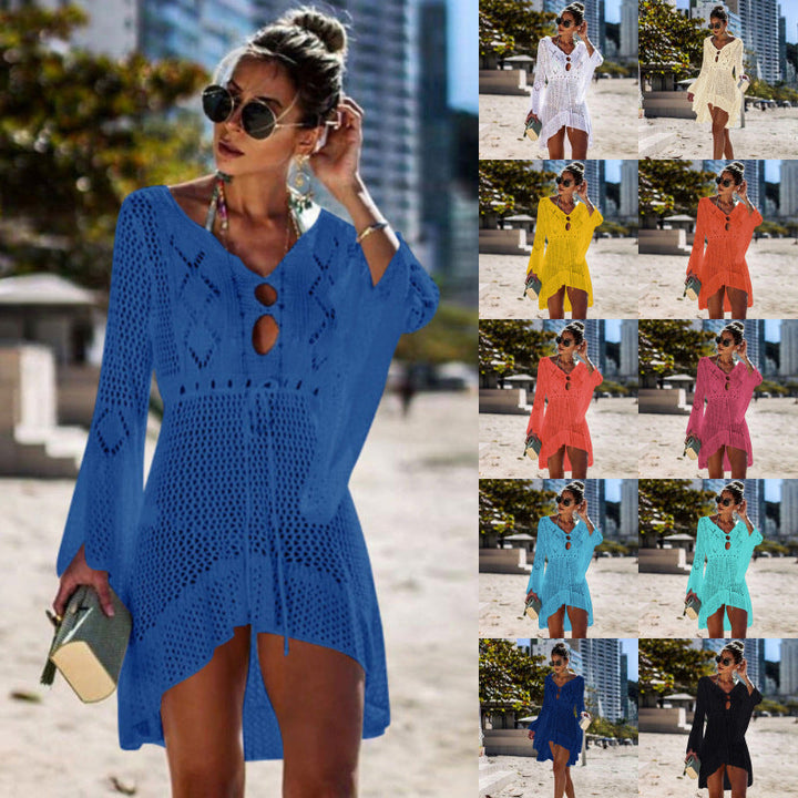 Robe de Plage Femme Crochet – Tunique Transparente avec Manches Longues et Détail à Lacet