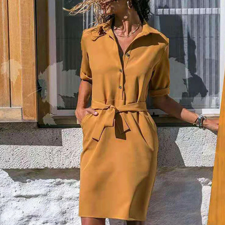 Robe Ceinturée À Manches Courtes Pour Femmes | Midi