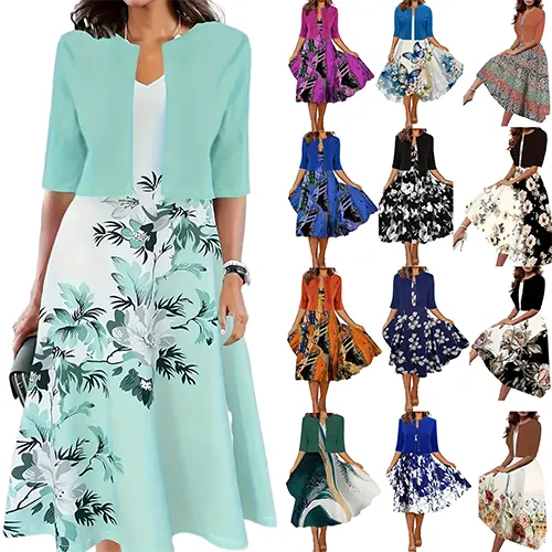 Abito floreale con blazer per donne invitate a un matrimonio | Midi