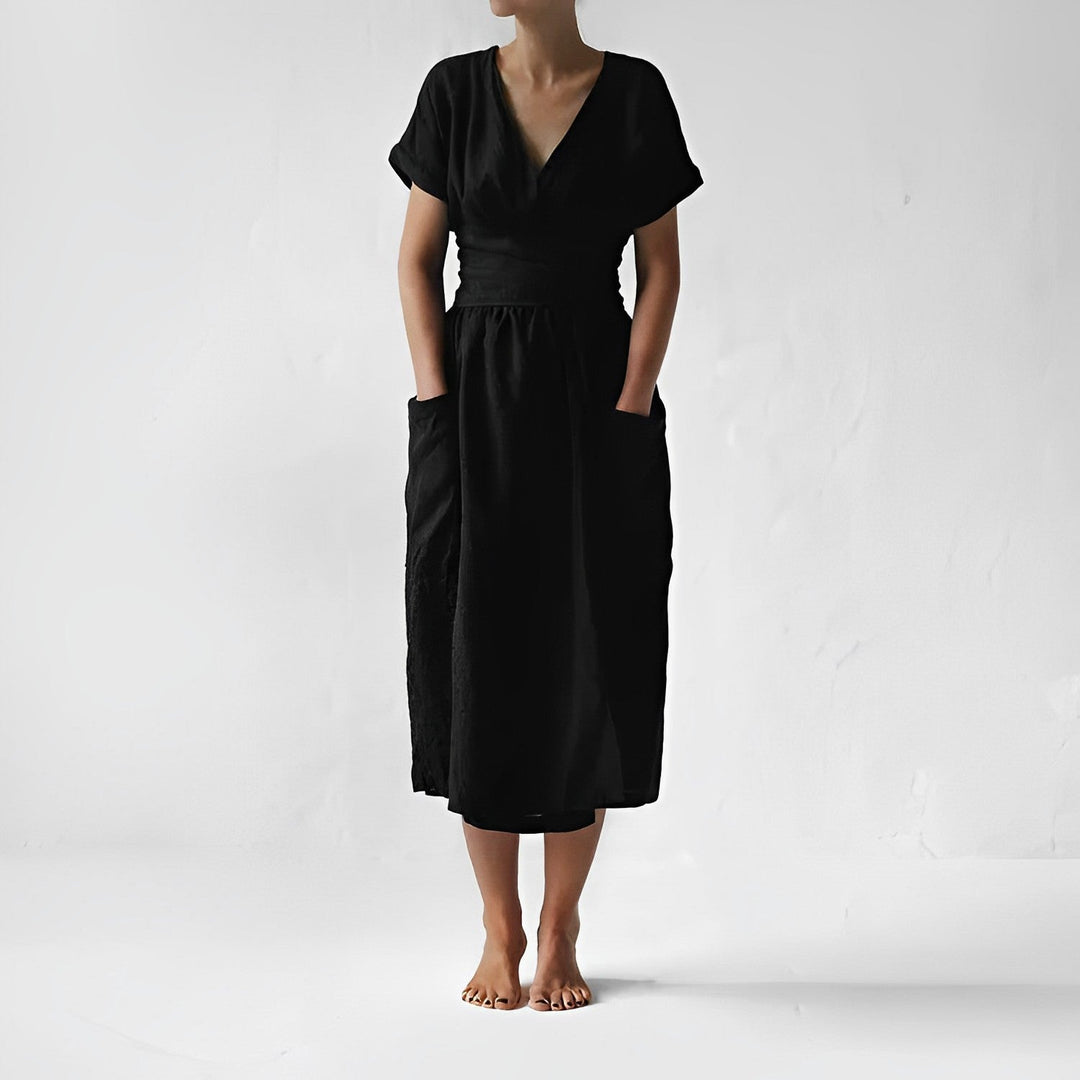 Robe Midi Femme – Style Enveloppant avec Taille Drapée & Grandes Poches – Élégance Minimaliste Décontractée