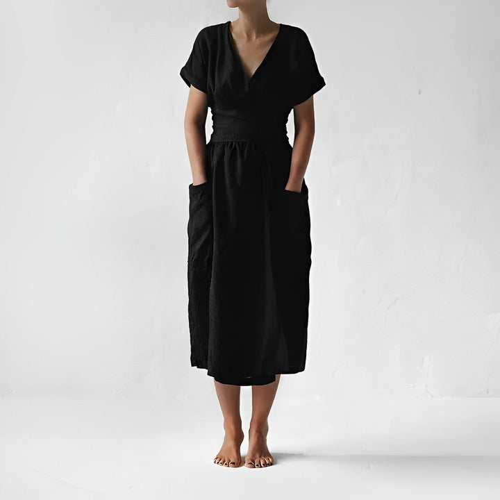 Robe Midi Femme – Style Enveloppant avec Taille Drapée & Grandes Poches – Élégance Minimaliste Décontractée