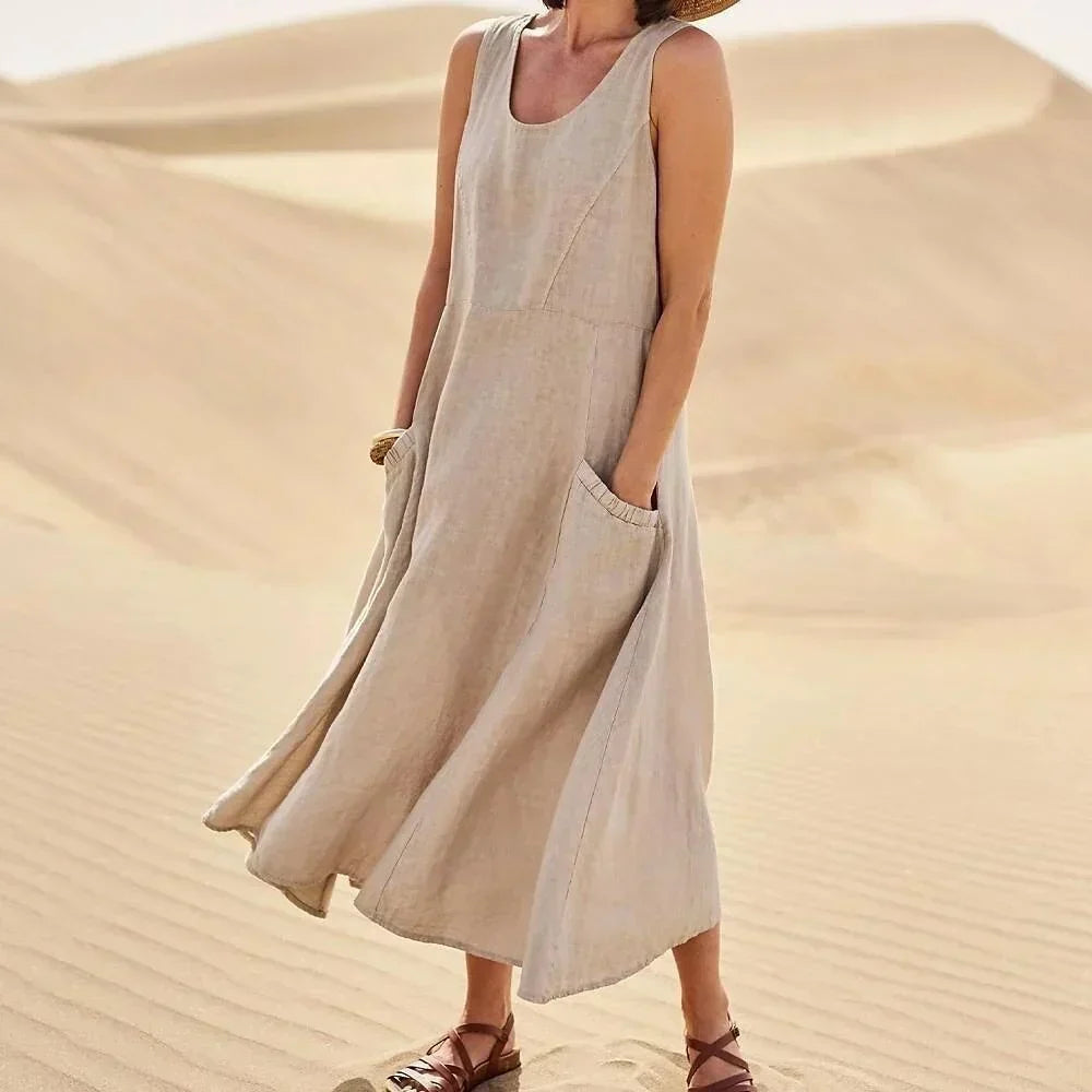 Ärmelloses Kleid aus Baumwolle und Leinen mit Taschen für Damen