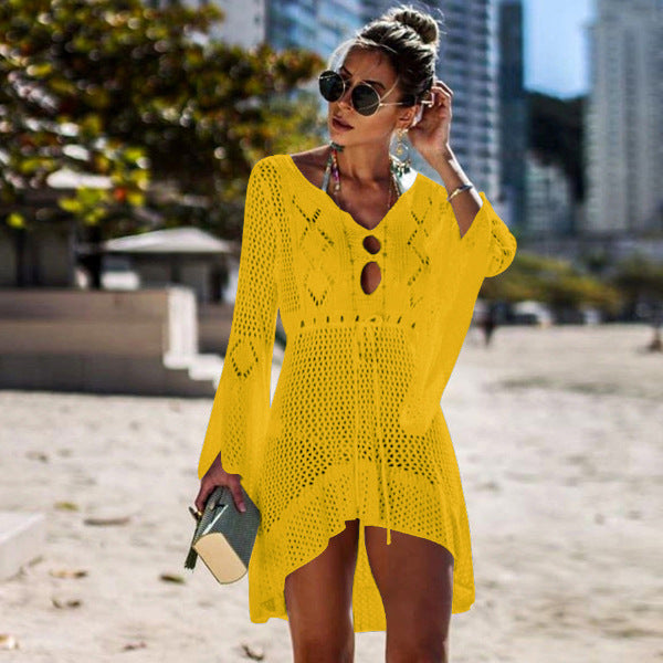 Robe de Plage Femme Crochet – Tunique Transparente avec Manches Longues et Détail à Lacet