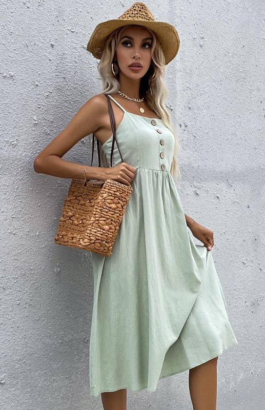 Robe Évasée Femme Été Bretelles Fines – Boutonnée, Style Décontracté Bohème