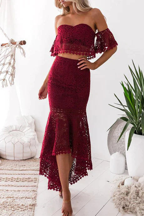 Ensemble Deux Pièces Femme – Top Bardot en Dentelle & Jupe Sirène Mi-Longue – Tenue Chic pour Occasions Spéciales