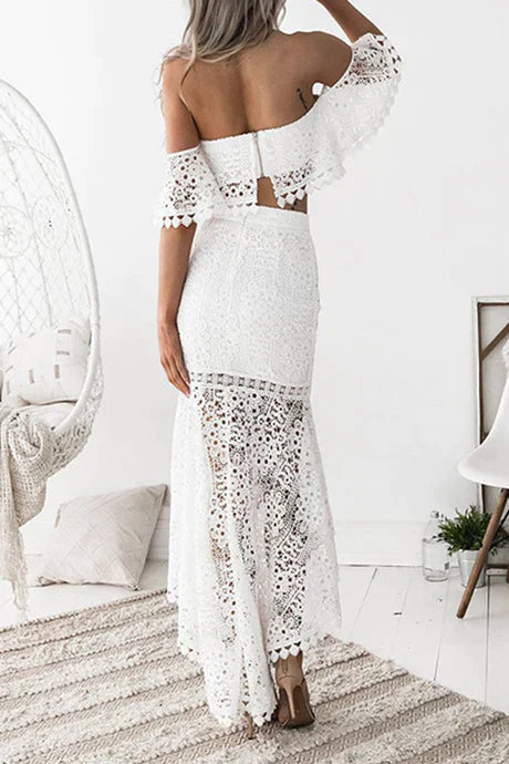 Ensemble Deux Pièces Femme – Top Bardot en Dentelle & Jupe Sirène Mi-Longue – Tenue Chic pour Occasions Spéciales