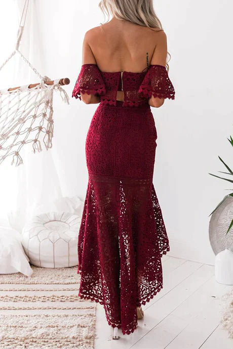 Ensemble Deux Pièces Femme – Top Bardot en Dentelle & Jupe Sirène Mi-Longue – Tenue Chic pour Occasions Spéciales