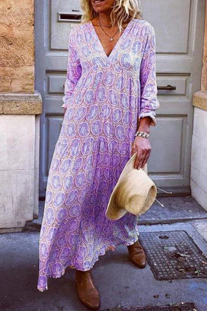 Robe Longue Bohème Femme – Imprimé Cachemire Vintage & Décolleté V – Manches Longues Légères