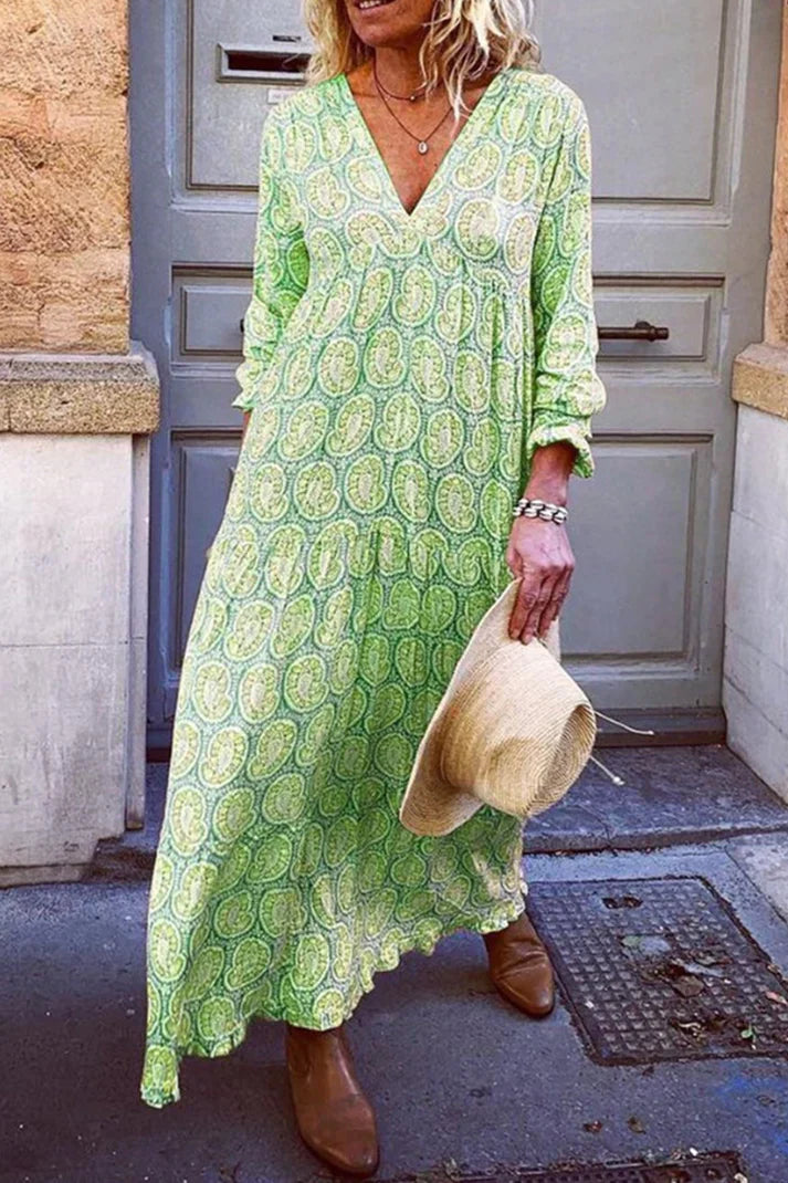 Robe Longue Bohème Femme – Imprimé Cachemire Vintage & Décolleté V – Manches Longues Légères