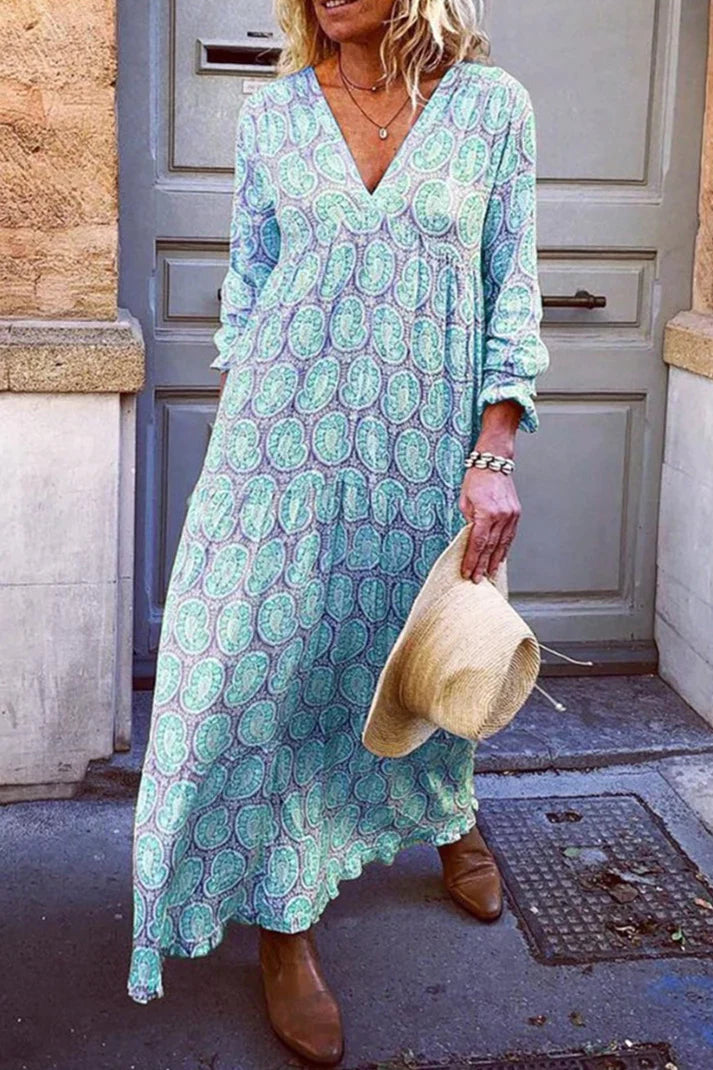 Robe Longue Bohème Femme – Imprimé Cachemire Vintage & Décolleté V – Manches Longues Légères