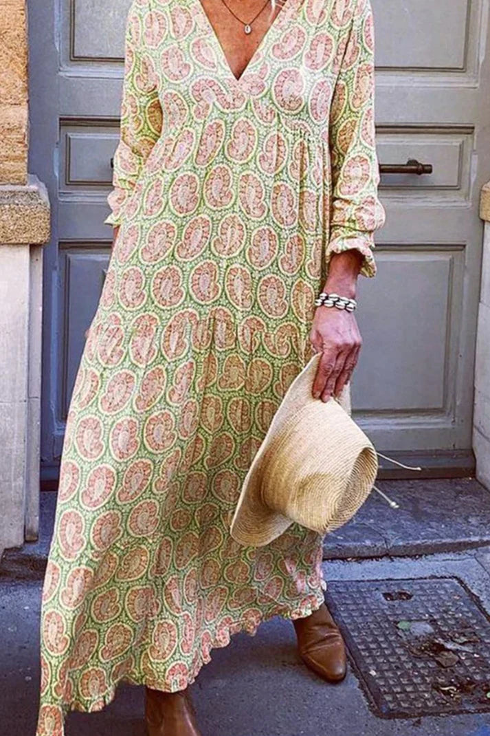 Robe Longue Bohème Femme – Imprimé Cachemire Vintage & Décolleté V – Manches Longues Légères