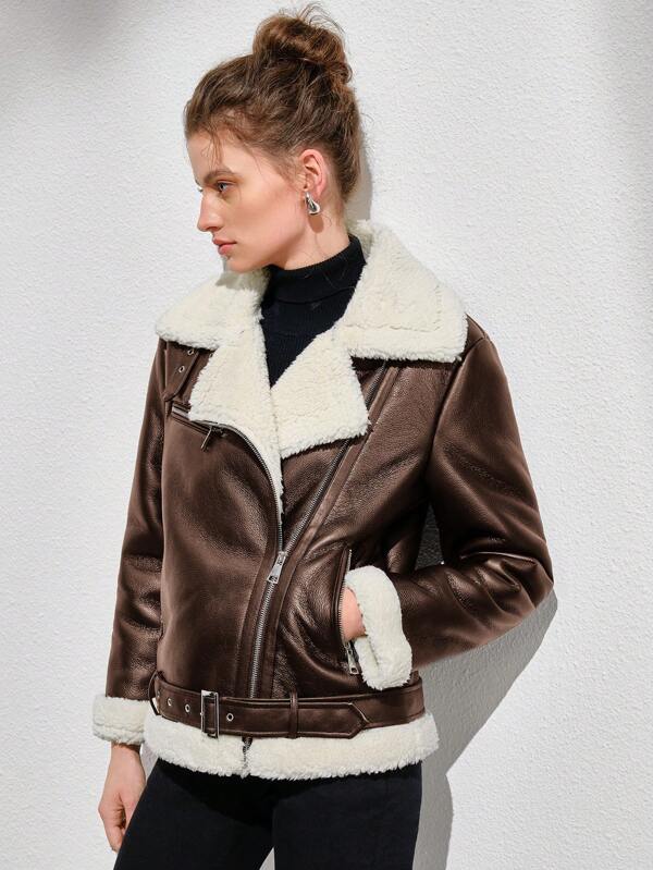 Mélanie - Blouson biker en faux cuir marron foncé avec doublure en sherpa