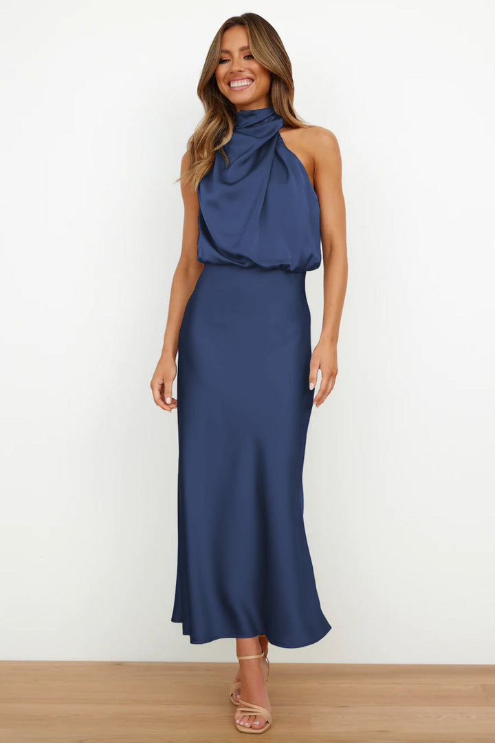 Robe Midi Femme Élégante – Robe Satinée Col Haut Drapé pour Soirée ou Occasion Spéciale