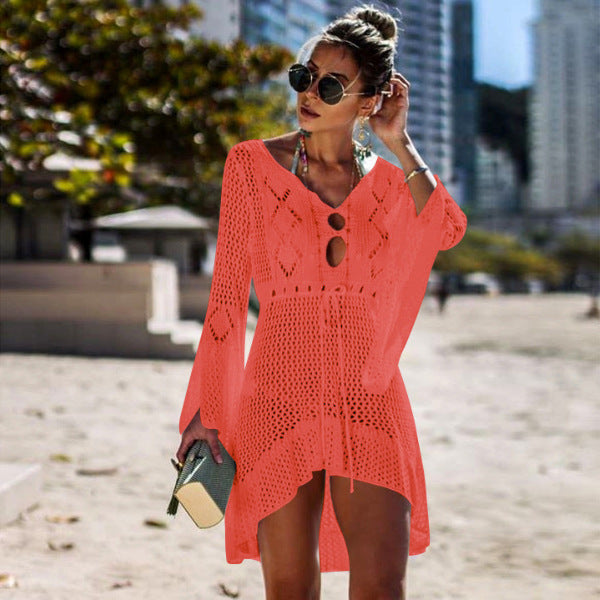 Robe de Plage Femme Crochet – Tunique Transparente avec Manches Longues et Détail à Lacet