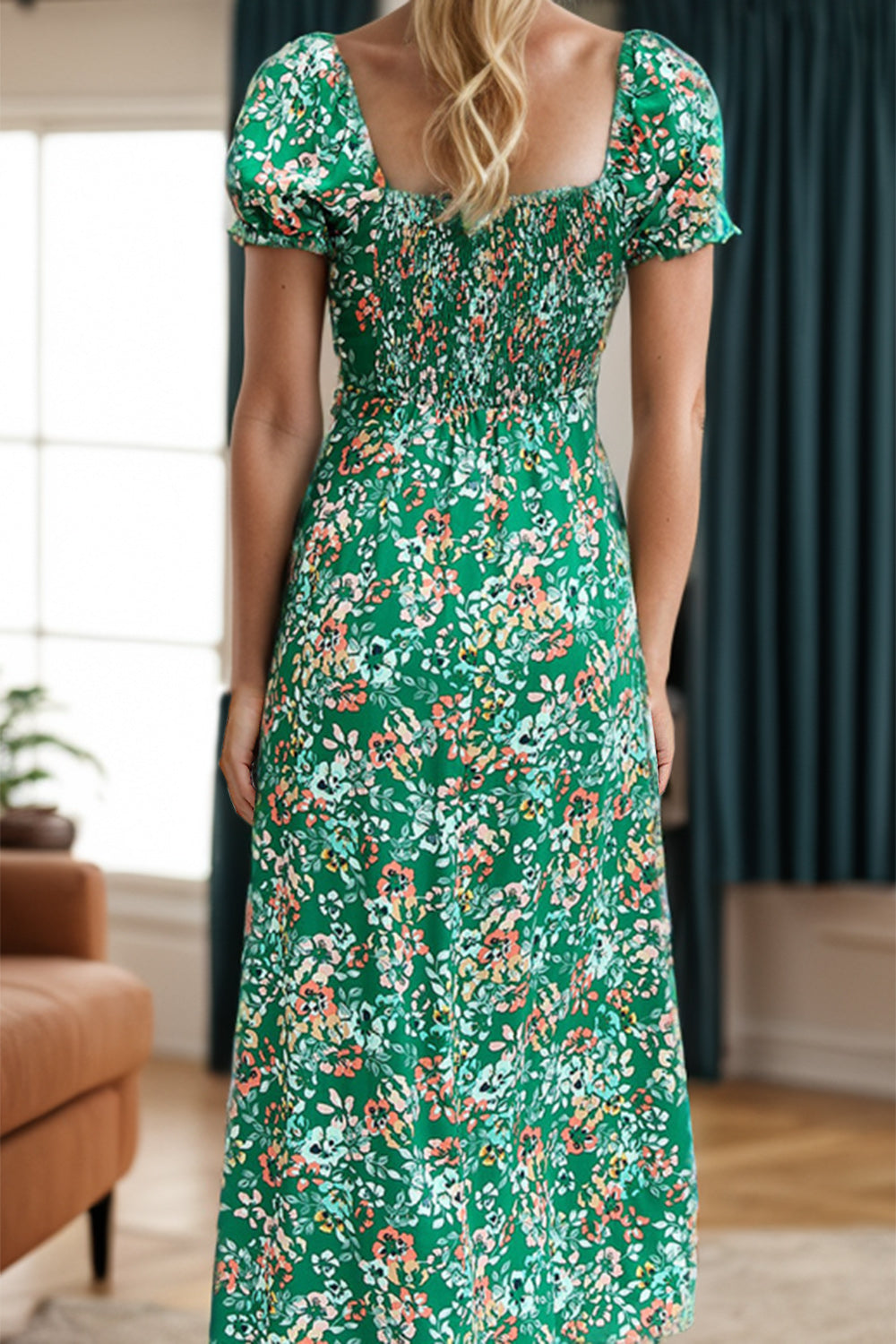 Robe Longue Fleurie Femme – Décolleté en Cœur, Manches Bouffantes et Fente Élégante