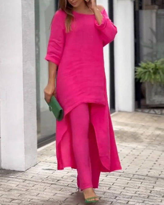 Tenue deux pièces en coton et lin pour femmes, couleur unie, coupe ample, décontractée, pour l'automne